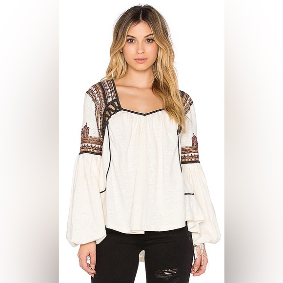 Free People Bohemia Cream and Black Embroidered Blouse - Picture 1 of 7